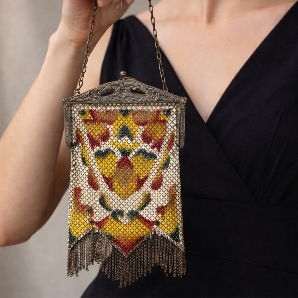 Antique 1920s Mandalian Mesh Purse Art Deco Enamel Fringe Bag Enamel Jazz AS IS